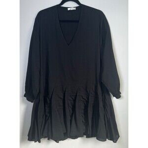 Anine Bing Black Cotton Dress XXS V Neck Drop Waist Long Sleeve Pleated Hem